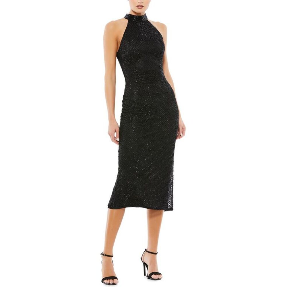 Mac Duggal Womens Embellished Sleeveless Halter Neck Midi Dress, Black